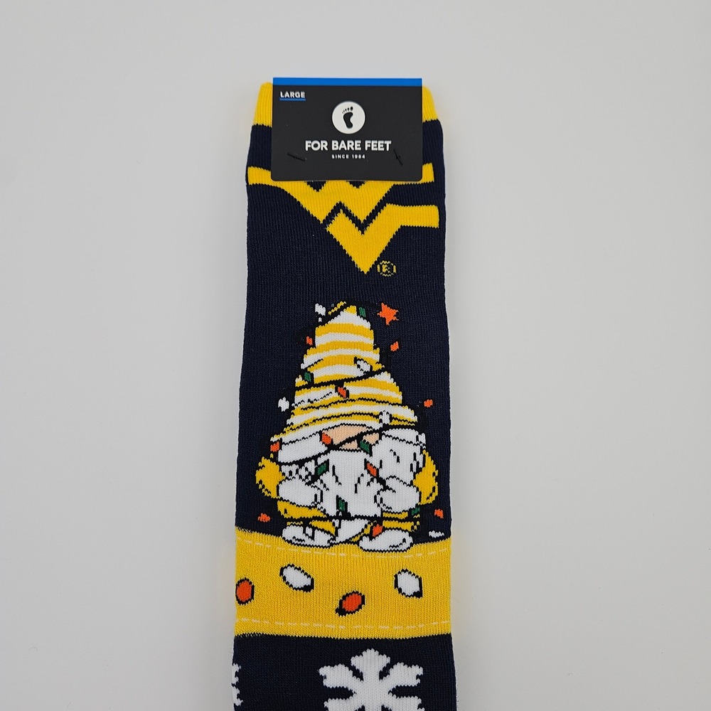 For Bare Feet West Virginia Mountaineers Gnome Christmas Socks Mens Large Navy